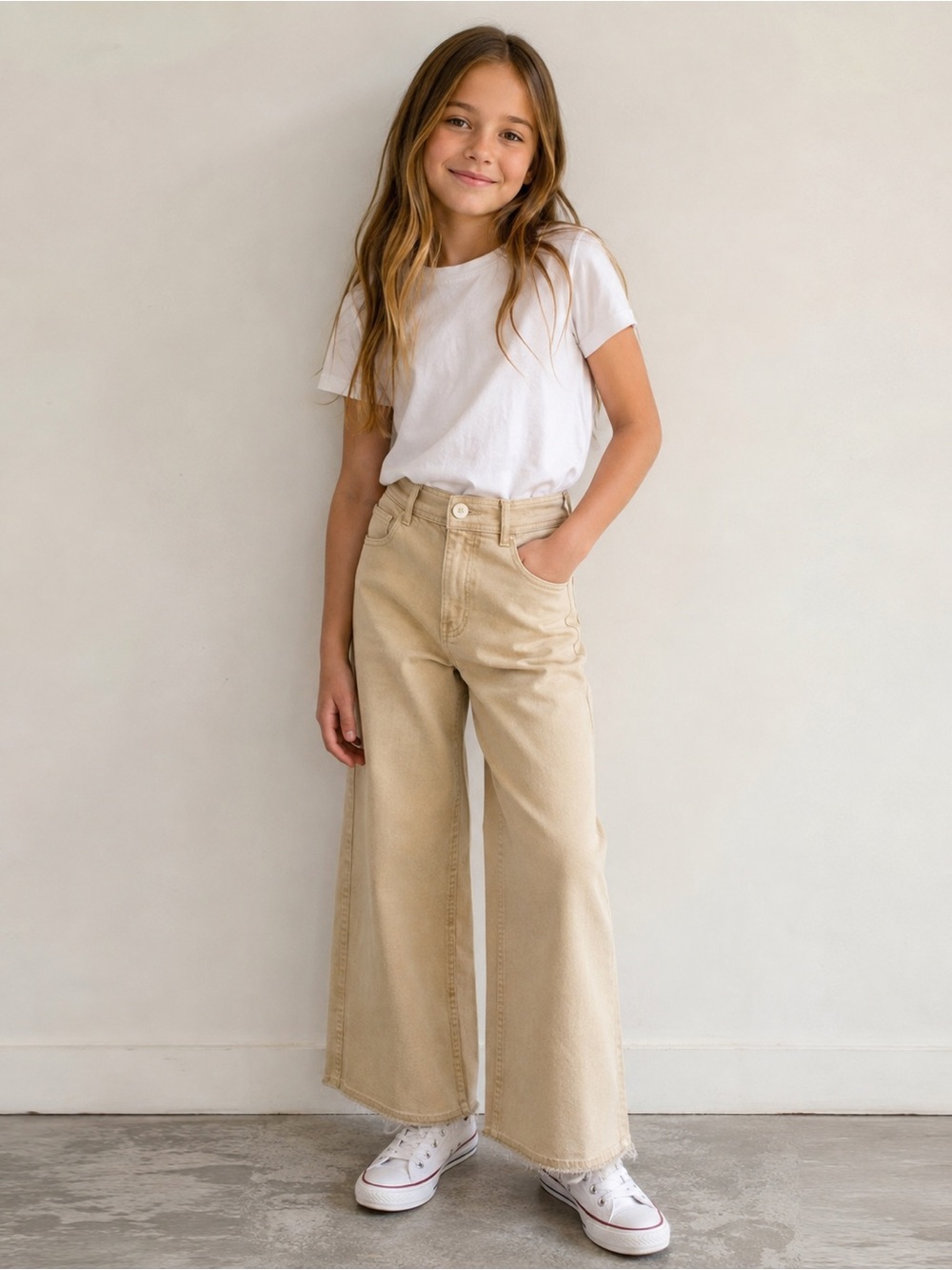Zara Kids Marine Fit Wide Leg Jeans Size 10 140cm NWT Beige High Rise Raw Hem